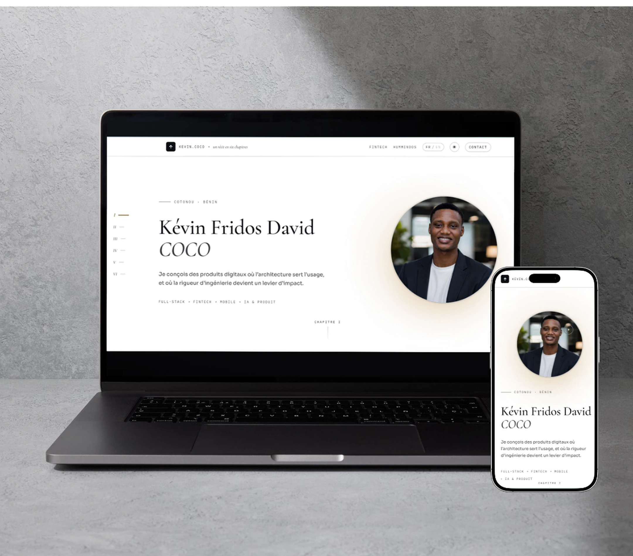 Réalisation Kevin Coco présentée sur ordinateur et mobile